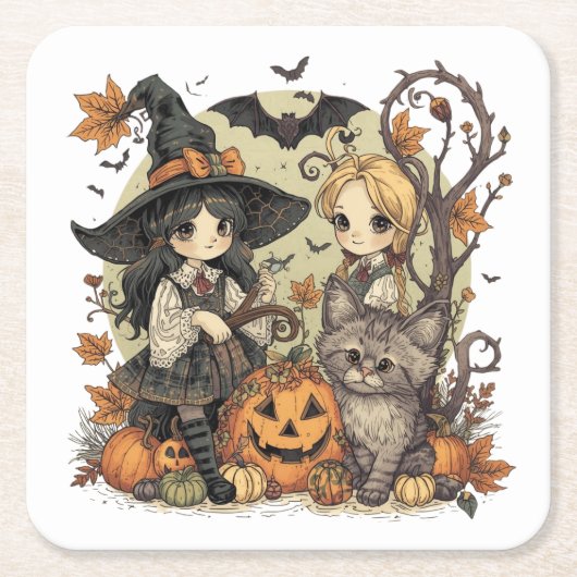 Bruxinhas Kawaii com Gatinho e Abóboras  Kartonnen Onderzetters (Voorkant)