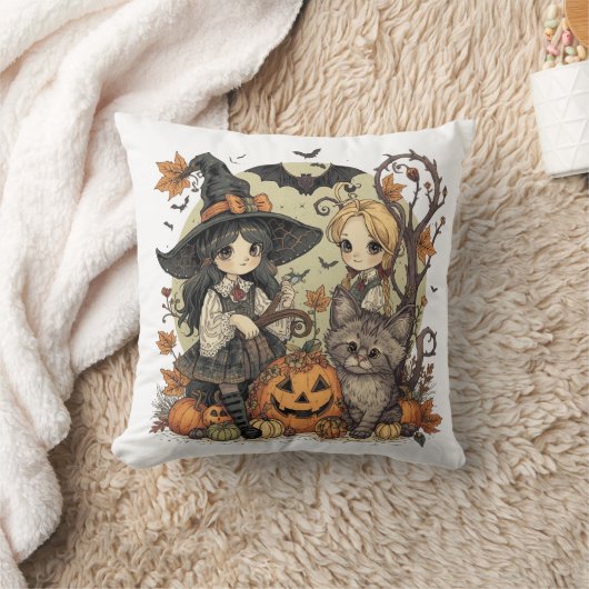 Bruxinhas Kawaii com Gatinho e Abóboras  Kussen (Deken)