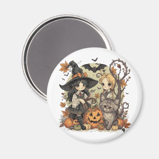 Bruxinhas Kawaii com Gatinho e Abóboras Magneet (Voorkant / Achterkant)