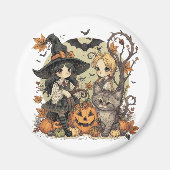 Bruxinhas Kawaii com Gatinho e Abóboras  Magneet (Voorkant)