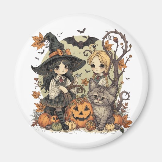 Bruxinhas Kawaii com Gatinho e Abóboras Magneet (Voorkant)