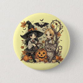 Bruxinhas Kawaii com Gatinho e Abóboras  Ronde Button 5,7 Cm