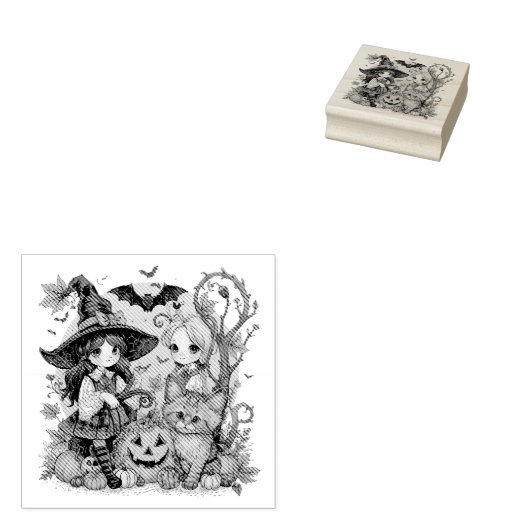 Bruxinhas Kawaii com Gatinho e Abóboras  Rubberstempel (Gestempeld)