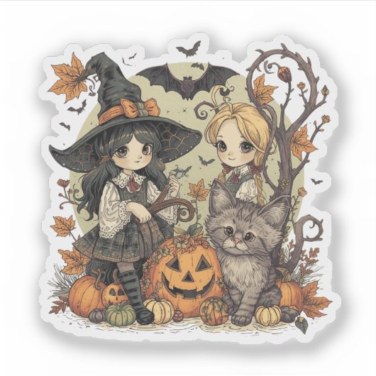 Bruxinhas Kawaii com Gatinho e Abóboras  Sticker (Voorkant)