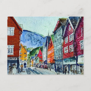 bryggen bergen norway street waterverf briefkaart