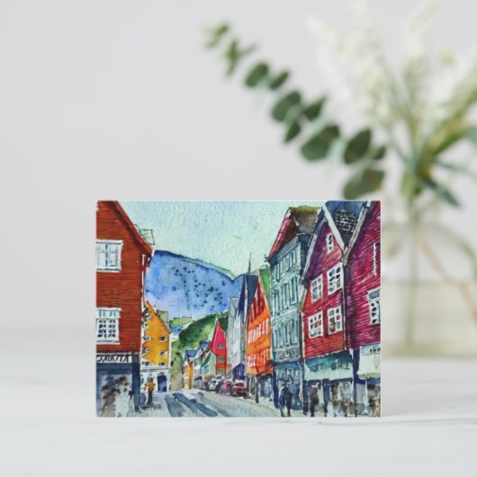 bryggen bergen norway street waterverf briefkaart (Staand voorkant)