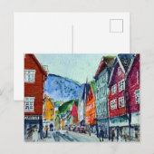 bryggen bergen norway street waterverf briefkaart (Voorkant / Achterkant)