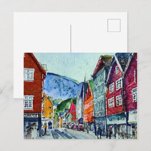 bryggen bergen norway street waterverf briefkaart (Voorkant / Achterkant)