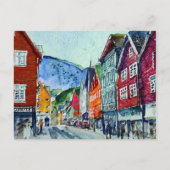 bryggen bergen norway street waterverf briefkaart (Voorkant)