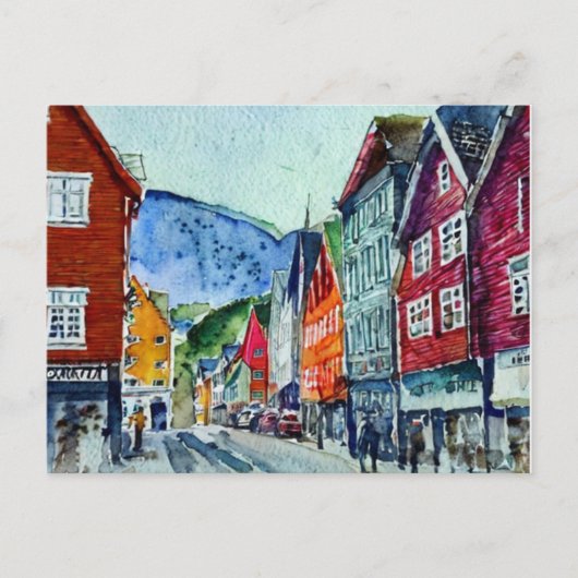 bryggen bergen norway street waterverf briefkaart (Voorkant)