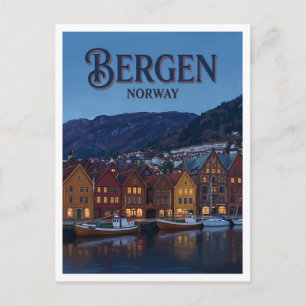 Bryggen bij schemer Bergen Noorwegen Briefkaart