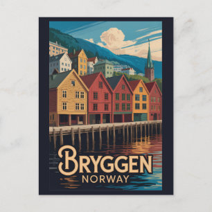 Bryggen Noorwegen Illustratie Reis Kunst Bergen Briefkaart