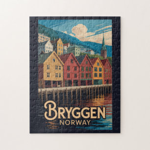 Bryggen Noorwegen Illustratie Reis Kunst Bergen Legpuzzel