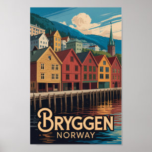 Bryggen Noorwegen Illustratie Reis Kunst Bergen Poster