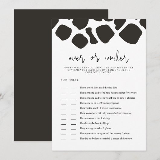 BRYNDLE Koe Print Over Onder Baby shower Game Kaar Kaart (Voorkant / Achterkant)