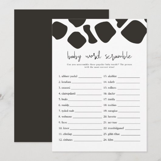 BRYNDLE Moderne Koe Afdrukken Baby Word Scramble G Kaart (Voorkant / Achterkant)