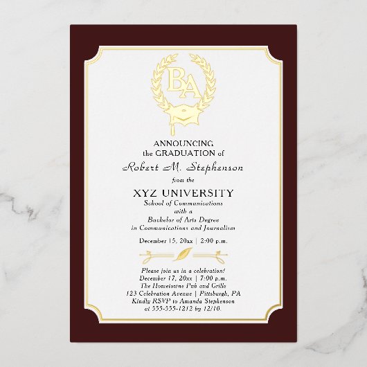 BS - Bachelor of Arts Degree College Graduation Folie Uitnodiging (Voorkant)