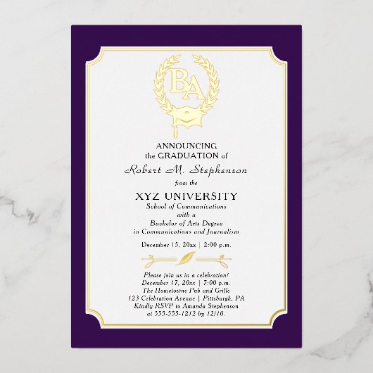 BS - Bachelor of Arts Degree College Graduation Folie Uitnodiging (Voorkant)