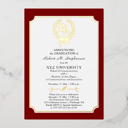 BS - Bachelor of Arts Degree College Graduation Folie Uitnodiging (Voorkant)