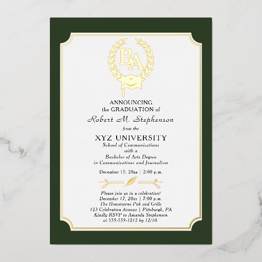 BS - Bachelor of Arts Degree College Graduation Folie Uitnodiging (Voorkant)