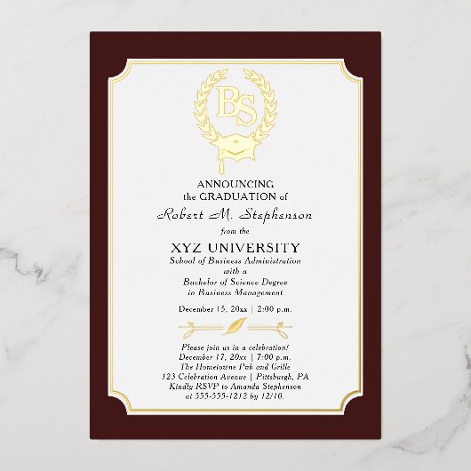 BS - Bachelor of Science Degree College Graduation Folie Uitnodiging (Voorkant)