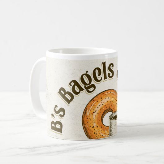 B's Bagels Tan Achtergrond Koffiekopje Koffiemok (Voorkant links)