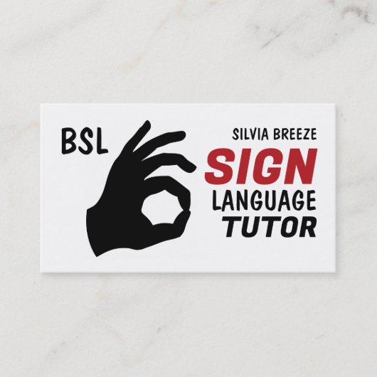 BSL, oké Gesture, Sign Language Tutor, leraar Visitekaartje (Voorkant)