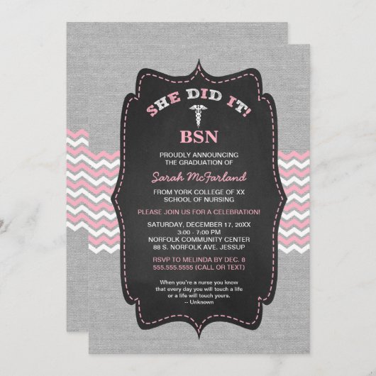 BSN Nurse afstuderen nodigt uit, ROZE grijs krijtb Kaart (Voorkant / Achterkant)