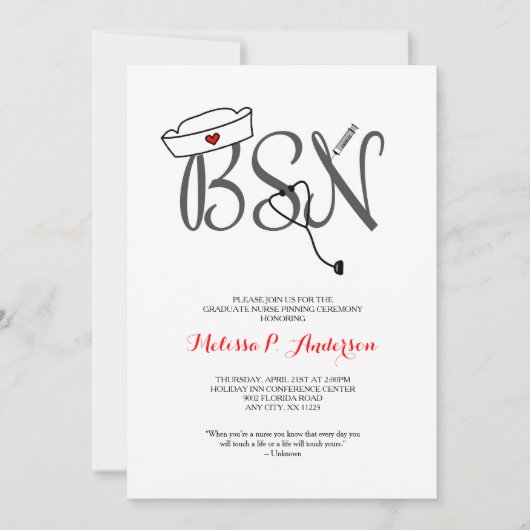 BSN Pinning Ceremony Uitnodigen, leuke verpleegkun Kaart (Voorkant)