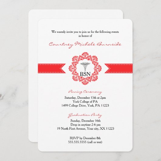 BSN RN afstuderen/pinning ceremonie/rood Kaart (Voorkant / Achterkant)