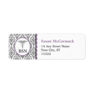 BSN RN Damask Caduceus Black Lavender Etiket