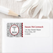 BSN RN LPN Damast Caduceus Zwart Bourgogne Etiket (Insitu)