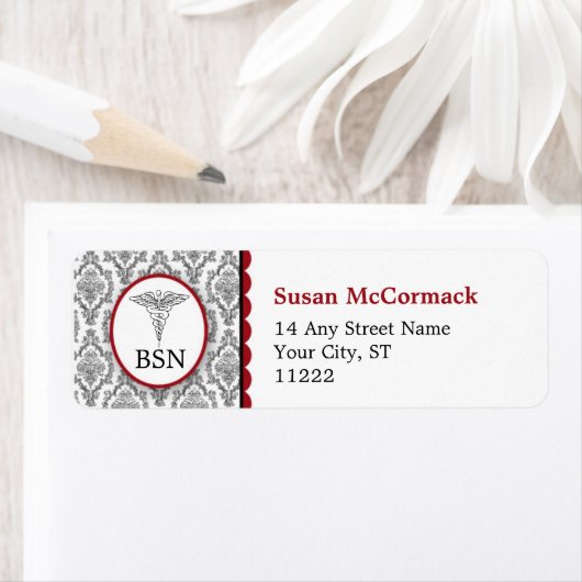 BSN RN LPN Damast Caduceus Zwart Bourgogne Etiket (Insitu)