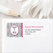 BSN RN LPN Damast Caduceus Zwart Heet roze Etiket (Insitu)