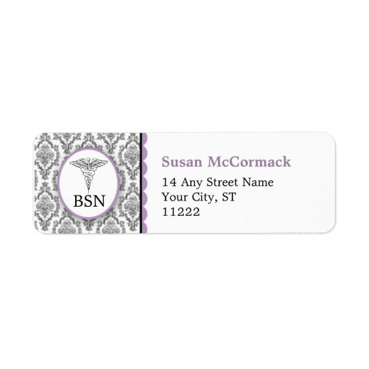 BSN RN LPN Damast Caduceus Zwart Lavendel Etiket (Voorkant)