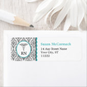 BSN RN LPN Damast Caduceus Zwart Turquoise Etiket (Insitu)