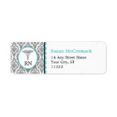 BSN RN LPN Damast Caduceus Zwart Turquoise Etiket (Voorkant)