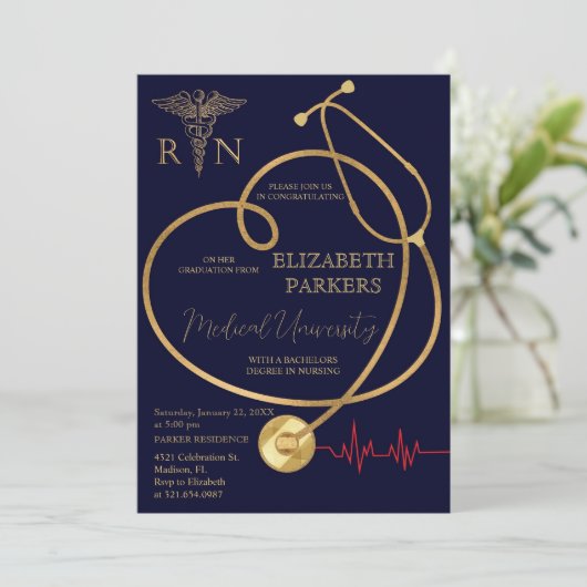 BSN RN Navy Gold Verpleegkundig Afstudeerfeest Kaart (Staand voorkant)