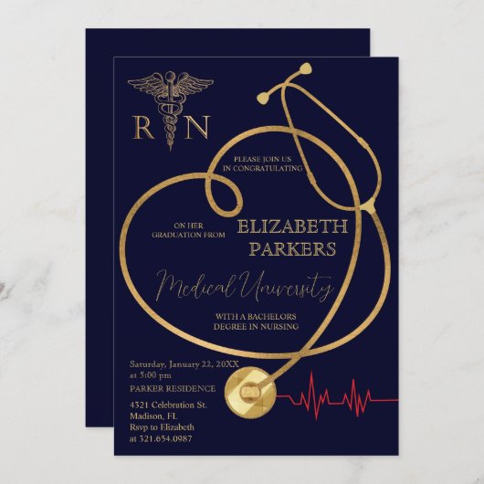 BSN RN Navy Gold Verpleegkundig Afstudeerfeest Kaart (Voorkant / Achterkant)
