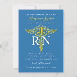 BSN RN Nurse Afstuderen Blue and Gold Invitation Kaart