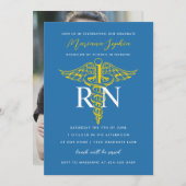 BSN RN Nurse Afstuderen Blue and Gold Invitation Kaart (Voorkant / Achterkant)