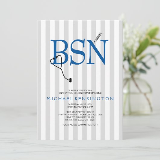 BSN RN verpleegster afstuderen nodigt/GRAY STRIPES Kaart (Staand voorkant)