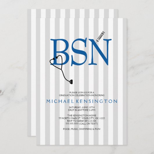 BSN RN verpleegster afstuderen nodigt/GRAY STRIPES Kaart (Voorkant / Achterkant)