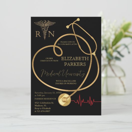 BSN RN Zwart Goud Verpleegkundig Afstudeerfeest Kaart (Staand voorkant)