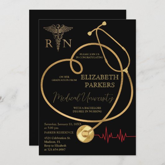 BSN RN Zwart Goud Verpleegkundig Afstudeerfeest Kaart (Voorkant / Achterkant)