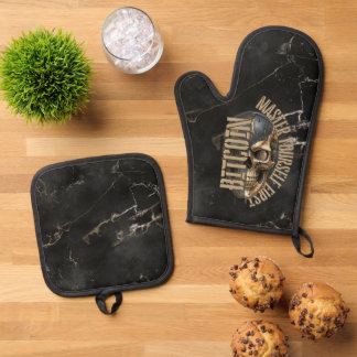 BTC motivatie | Schedel | Gouden Marmer Ovenwant & Pannenlap Set