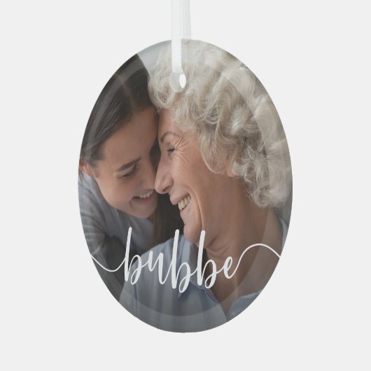 Bubbe Grandma Script Overlay Glas Ornament (Voorkant links)