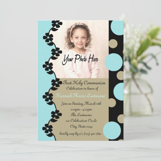 Bubbel en bloemen eerste communie kaart (Staand voorkant)