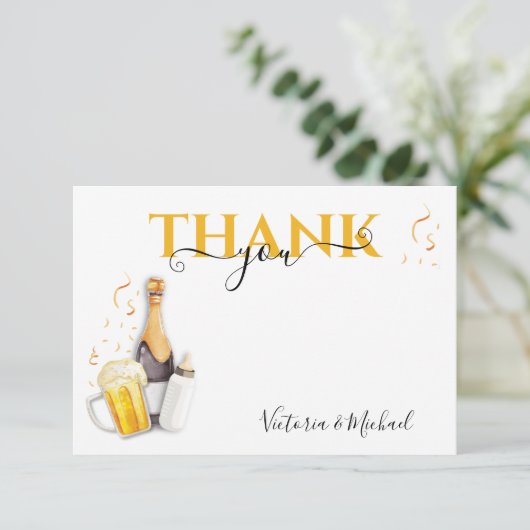 Bubbels en bier Baby shower Dank u kaart (Staand voorkant)
