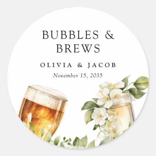 Bubbels en Brouwsels Koppels Bruiloft Ronde Sticker (Voorkant)